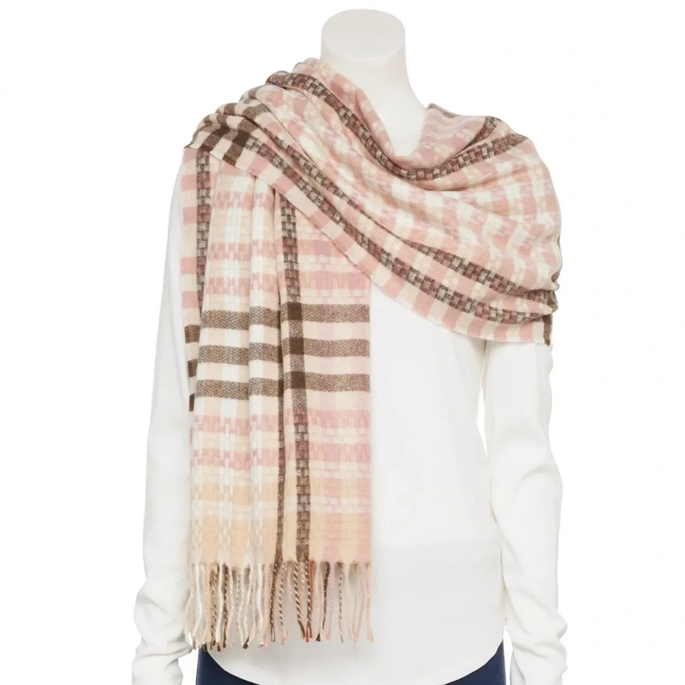 Nine West Textured Soft Touch Wrap Scarf pink & brown cream NWT